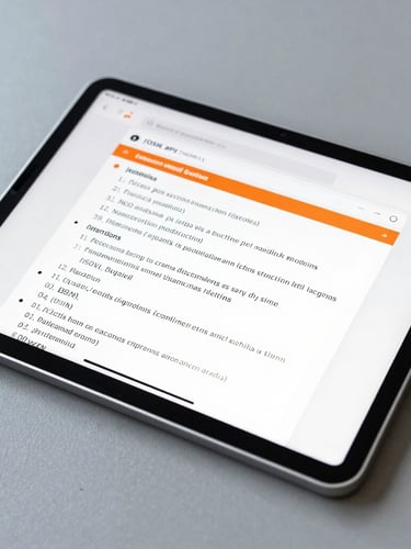 Close-up of a high-resolution tablet displaying clean JSON API documentation on a slate gray desk, technical layout, crisp morning light, sharp focus