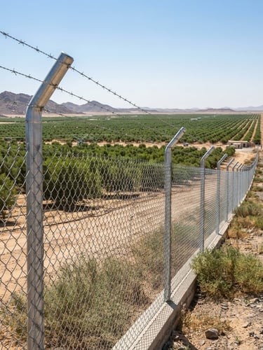 An expansive Saudi organic farm in Al-Jouf, secured by a high-tension galvanized steel chain-link fence stretching to the horizon, bright harsh desert daylight, sharp metallic textures, wide-angle lens, 35mm