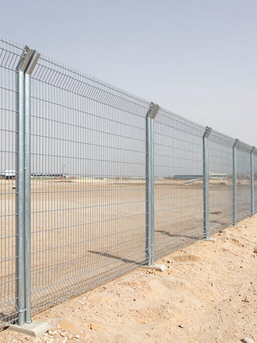 wide-angle professional industrial photography of heavy-duty galvanized steel wire fencing installed along a dusty industrial plant boundary, bright harsh desert daylight, metallic textures, sharp focus, 35mm