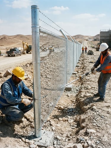 professional industrial photography of heavy-duty hot-dip galvanized steel chain-link fence installation on a Saudi infrastructure site, bright desert daylight, sharp metallic textures, 35mm