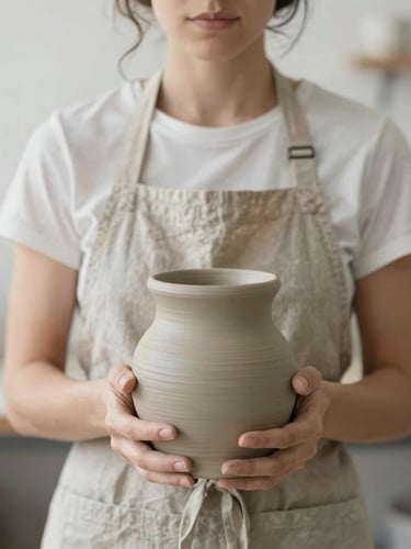 A close-up portrait of Cora Felicia Dailey in her Tallahassee studio, wearing a neutral linen apron, holding a partially shaped clay vessel, soft diffused daylight, shallow depth of field, 35mm