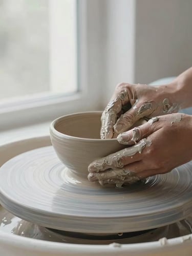 Hands covered in wet clay shaping a delicate ceramic bowl on a spinning potter's wheel, diffused natural light from a side window, soft focus, 35mm