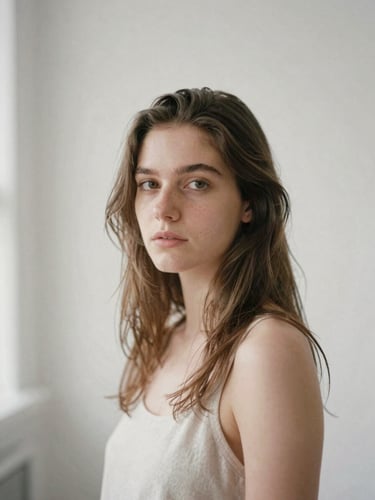 Soft-focus portrait of Cora Felicia Dailey in her studio, diffused natural daylight, muted taupe and off-white tones, minimalist background, shallow depth of field, 35mm