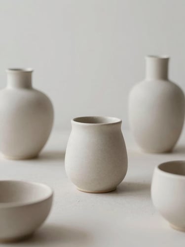 Minimalist workspace layout with delicate handmade ceramic vessels, soft diffused overcast daylight, muted taupe tones, shallow depth of field, 35mm
