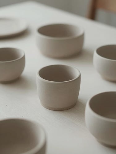 Close-up of raw and finished ceramic textures on a minimalist workspace table, soft diffused overcast daylight, shallow depth of field, 35mm