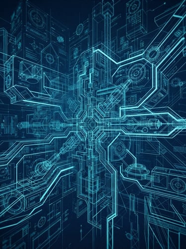 Stark technical blueprint overlay, deep space-blue background, sharp cyan accents, clinical high-contrast mood, wide architectural perspective of multi-dimensional structure.