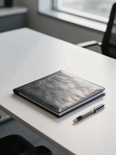 Cool diffused daylight on a pristine, empty modern office desk, a single closed leather folder and a sleek metal pen, highly organized, architectural lines, absolute clarity.