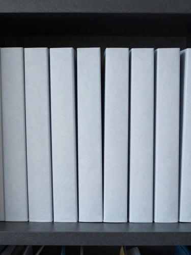 Tight crop of organized, pristine corporate folders on a dark slate shelf, cool diffused daylight, clean lines.