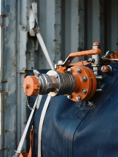 Technical close-up of a high-grade industrial Flexitank valve installation inside a shipping container, safety orange fittings, sharp focus, crisp natural daylight, 35mm