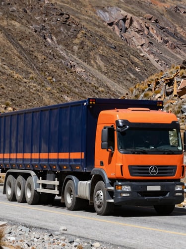 Industrial logistics photography, a heavy transport truck navigating a winding mountain highway in Bolivia, crisp daylight, high contrast, sharp focus, 35mm