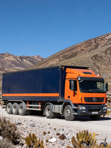 A large transport truck navigating a high-altitude Bolivian mountain pass under crisp daylight, wide environmental shot, sharp focus, 35mm