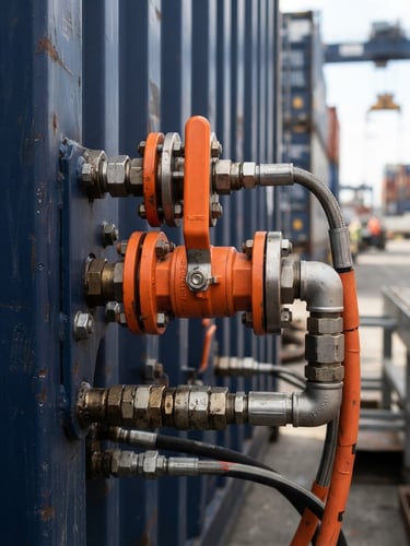 Close-up technical shot of safety orange valves and secure steel fittings on a cargo container, industrial logistics, sharp focus, 35mm