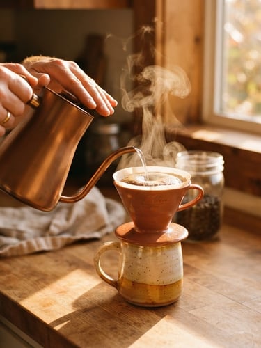 Close-up of hands gently performing a pour-over coffee ritual, golden-hour sunlight streaming through a kitchen window, steam rising from a ceramic mug, rich amber and terracotta tones, shallow depth of field.