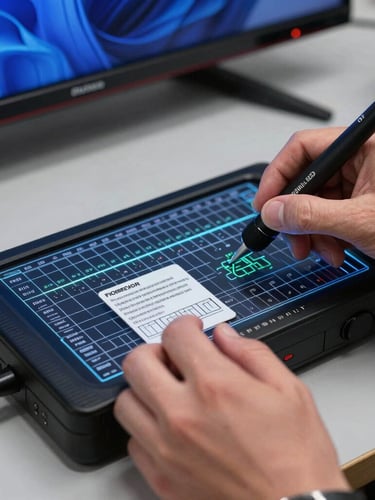 Primer plano de manos técnicas usando herramientas de medición de precisión sobre la tarjeta lógica retroiluminada de un televisor LED, iluminación de taller enfocada, nitidez extrema.