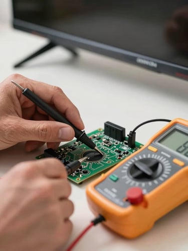 Close-up of professional hands using a digital multimeter to test a green circuit board of a smart TV, bright neutral lighting