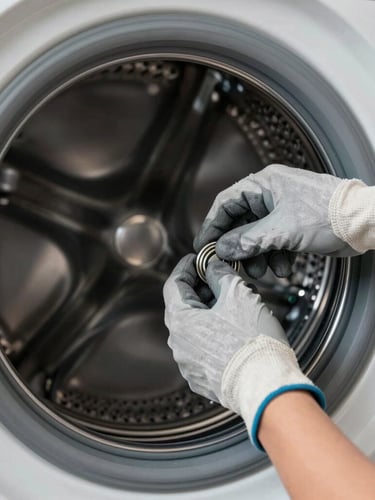 Professional hands in gray work gloves adjusting a washing machine drum control panel, bright daylight.