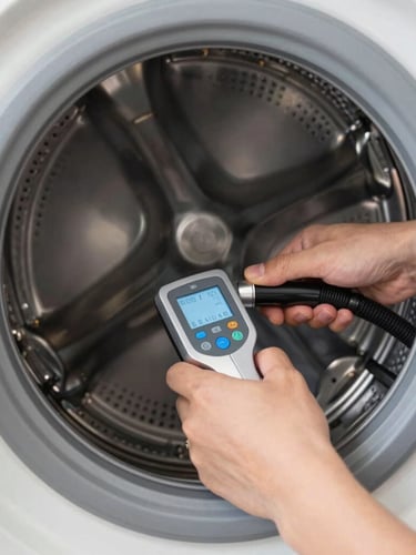 Close-up of professional technician hands using a digital tool on the internal stainless steel drum of a washing machine, clean bright technical environment, sharp focus