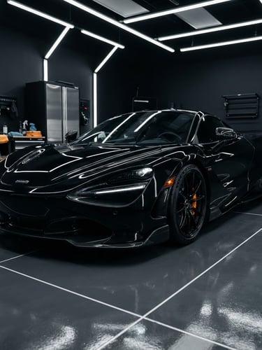Low-angle dramatic shot of a black luxury sports car in a pristine detailing bay under sharp overhead LED light bars, metallic silver reflections, 50mm lens