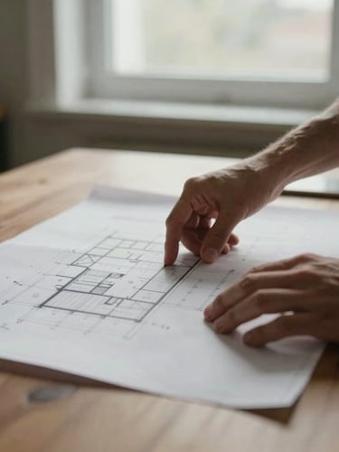 Detail of hands carefully arranging architectural blueprints on a wooden desk, soft natural window light, muted warm tones, editorial film