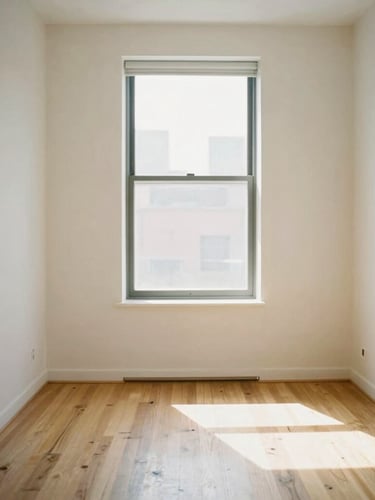 Medium shot of a sunlit Brooklyn apartment living room, warm wood floors, minimalist design, soft natural light streaming through a tall window, 35mm