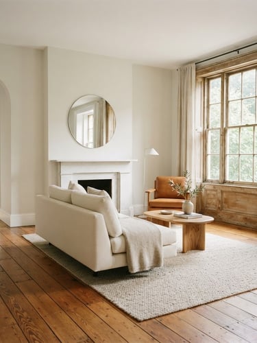 Sunlit historic Brooklyn brownstone living room, warm wood floors, pristine minimalist design, bright natural morning light, 35mm photography