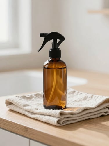 Close-up of natural cleaning ingredients, amber glass spray bottle, folded linen cloth on a clean wooden counter, soft natural daylight