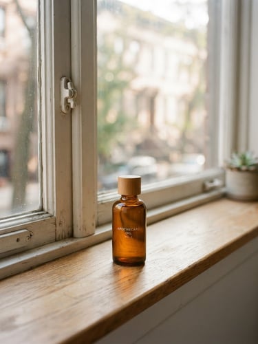 Medium close-up of a sunlit Brooklyn brownstone window sill, a small clear amber glass bottle with a wooden cap, soft morning light casting gentle shadows on clean oak wood, 35mm photography
