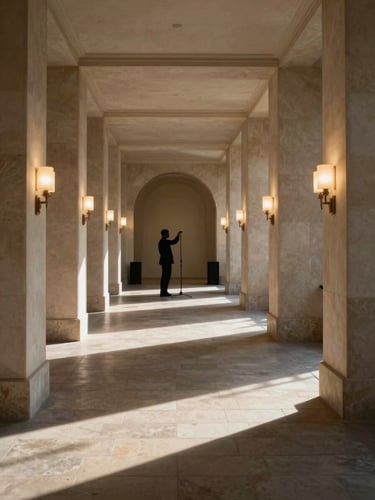 Environmental wide shot of a high-end venue corridor before an event, a single performer's silhouette adjusting a microphone stand in the background, warm tungsten light from wall sconces casting long shadows on stone flooring, shot from low angle emphasising the architectural height and intention of the setup