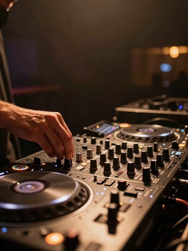 Wide low-angle frame of a DJ booth interior in a high-end venue, a hand adjusting a rotary mixer knob in the foreground, warm amber practitioner light falling across the equipment, the rest of the room receding into deep shadow behind, no faces visible, technical intention over performance energy