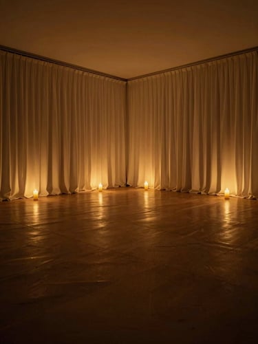 Wide interior of an empty luxury venue ballroom shot from low angle, warm amber artificial candlelight raking across draped walls and polished floor, deep shadows in the corners, no guests, no performers — the room holds its breath before the evening begins, cinematic and restrained