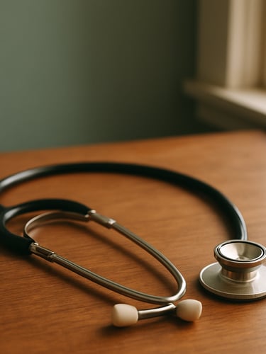 A senior physician's desk with a classic stethoscope resting on a warm wooden surface, soft natural window light, muted sage green background, 35mm photography.