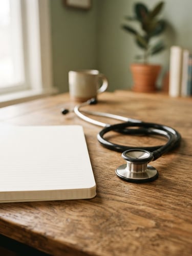 A close-up of a classic stethoscope resting on a warm wooden desk beside a clean medical notepad, soft natural window light, muted sage and beige tones, shallow depth of field, 35mm