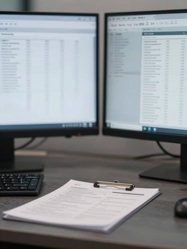 Straight-on, structured shot of a clean, modern dual-monitor billing desk setup with blurred financial spreadsheets, cool-toned slate lighting.