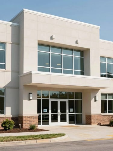 Clean modern architectural exterior of a professional skilled nursing care facility in Kansas, bright daylight, structured framing.