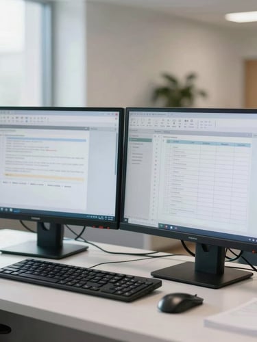 Straight-on structured shot of a clean, modern skilled nursing facility business office, bright natural daylight, cool slate cast, dual monitors displaying blurred spreadsheets.