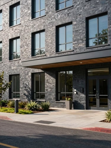 Clean architectural exterior shot of a modern skilled nursing facility under bright natural daylight with a cool-toned slate cast.