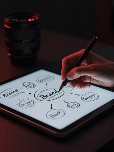 Cinematic shot of a designer's hands sketching a brand strategy on a tablet, moody studio lighting, deep obsidian tones with crimson highlights, sharp 35mm lens