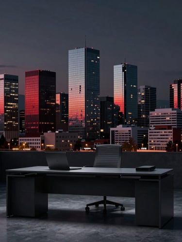 Cinematic wide shot of a modern European city skyline at dusk, Skopje in the background, with a sleek, minimalist business desk setup in the foreground, moody lighting, crisp detail.