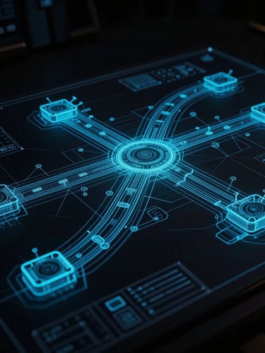 Technical blueprint schematic of inter-dimensional gateways, rendered with sharp cyan lines on a dark obsidian background, high-contrast, wide architectural perspective, low-key moody blue luminescence.