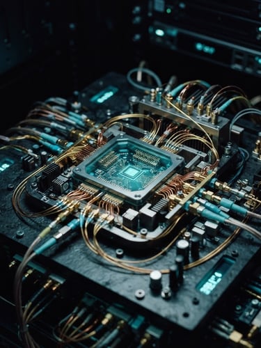 Macro shot of a high-end quantum server node emitting faint cyan light, cold obsidian surfaces, high-contrast technical blueprint overlay, 35mm cinematic photography