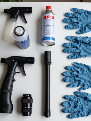 Close-up overhead documentation shot of a professional pest control kit laid on a white surface — spray nozzle, sealed chemical canister, protective gloves, inspection torch — arranged in a grid, natural daylight, no branding or text visible