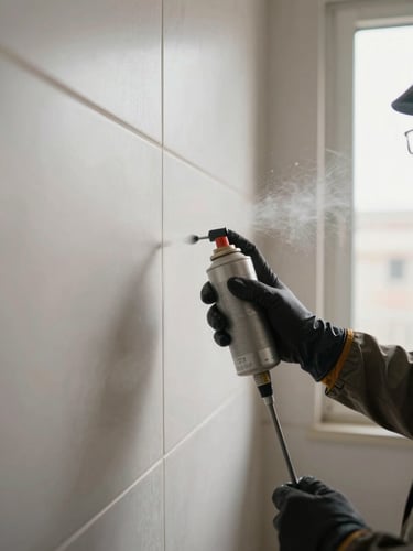 Close documentary view of a technician's gloved hands applying treatment spray along a skirting board in an empty tiled Kuwaiti apartment, equipment nozzle in sharp focus, soft natural window light from the side