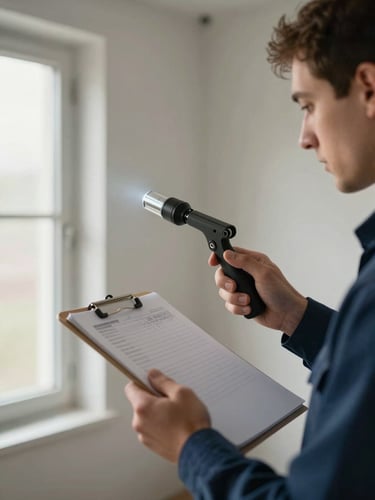 Technician's hands holding a clipboard and inspection torch examining a wall cavity in an empty room, natural side-light from a window, sharp detail on tools, documentary framing