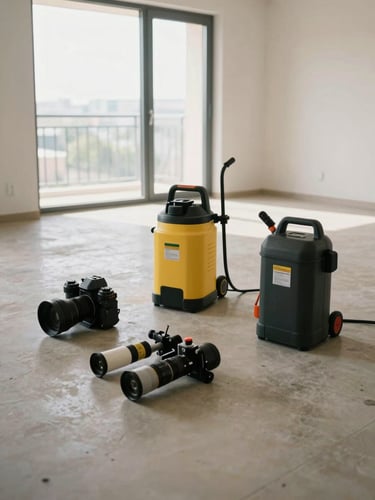 Wide shot of professional pest control spray equipment laid out on a clean floor in an empty Kuwait apartment, natural daylight from a window illuminating the tools in sharp documentary detail, no people visible