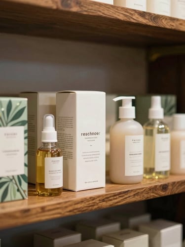 Warm editorial shot of clean product packaging arranged neatly on dark wooden shelves inside a sunlit apothecary, brass accents, shallow depth of field.