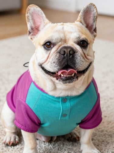 Close-up of a happy French Bulldog sitting comfortably on a soft rug, wearing a perfectly fitted colorful pet shirt, showing high-quality handcrafted stitching details