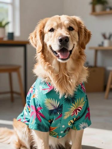 A happy golden retriever wearing a colorful artisanal tropical shirt, sitting comfortably in a bright workshop, warm natural daylight, eye-level shot.
