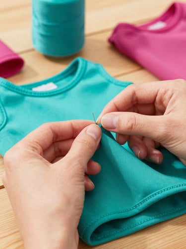 Close-up of hands carefully stitching a vibrant teal pet garment on a wooden table, colorful fabrics and threads in the background, soft warm lighting.