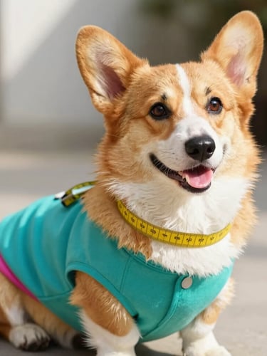 Eye-level close-up of a soft yellow measuring tape gently draped over a happy, sitting corgi wearing a vibrant teal handcrafted shirt, warm natural daylight, shallow depth of field.