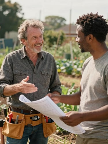 Candid medium shot of two diverse adults, one with a tool belt, the other holding a blueprint, smiling and discussing plans in a community garden under warm natural daylight, hands gesturing, earthy organic tones, realistic 35mm film style.